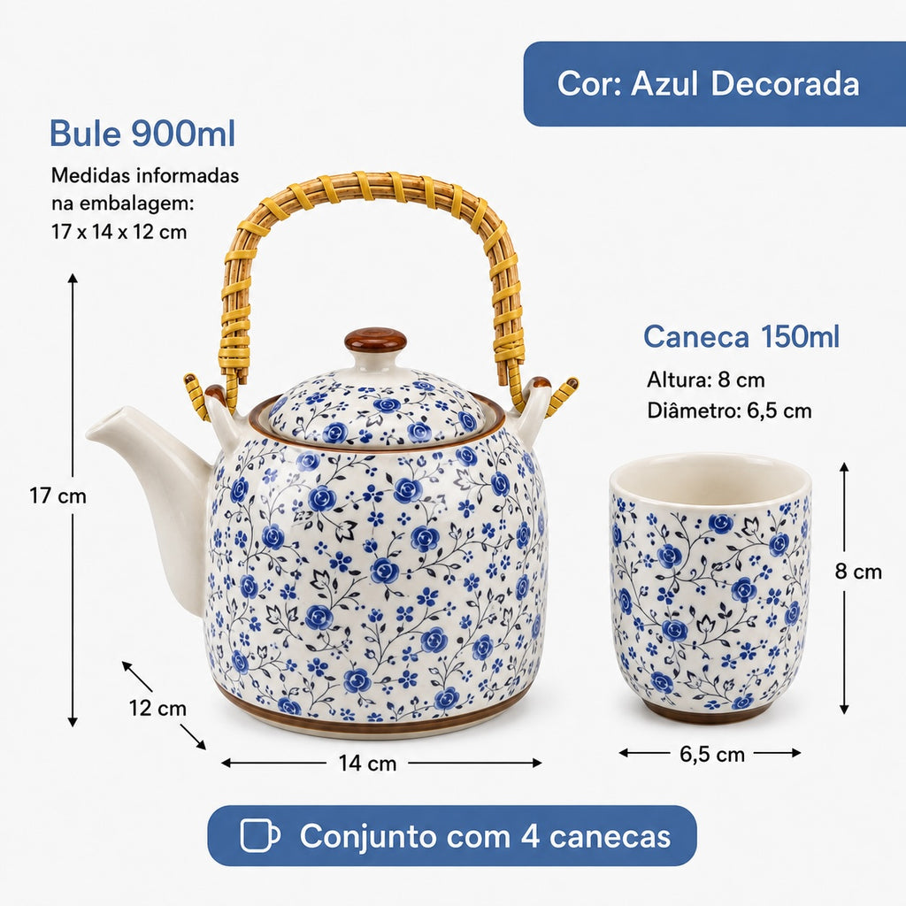 Kit Bule de Chá Porcelana Floral com Infusor e 4 Canecas 900ml