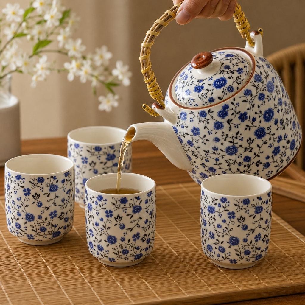 Kit Bule de Chá Porcelana Floral com Infusor e 4 Canecas 900ml