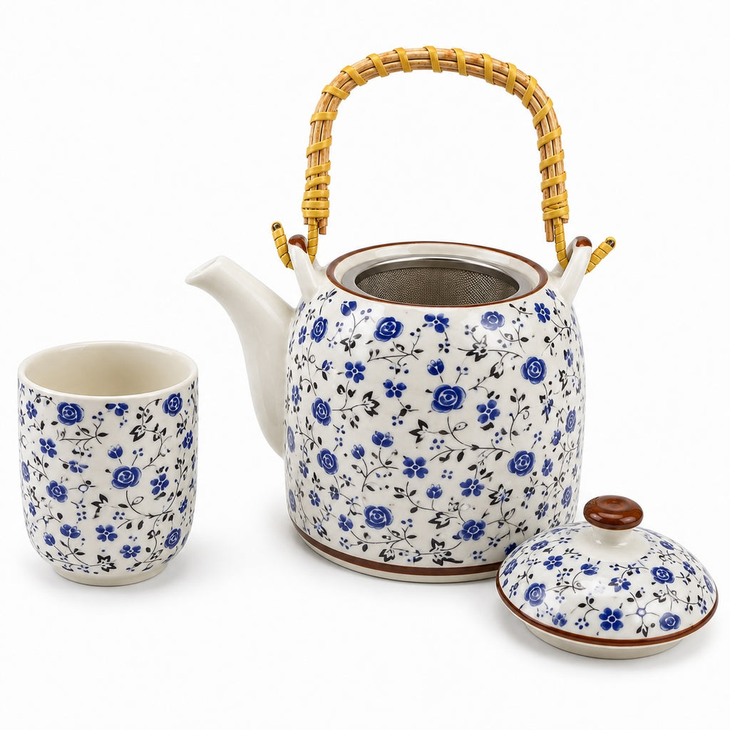 Kit Bule de Chá Porcelana Floral com Infusor e 4 Canecas 900ml
