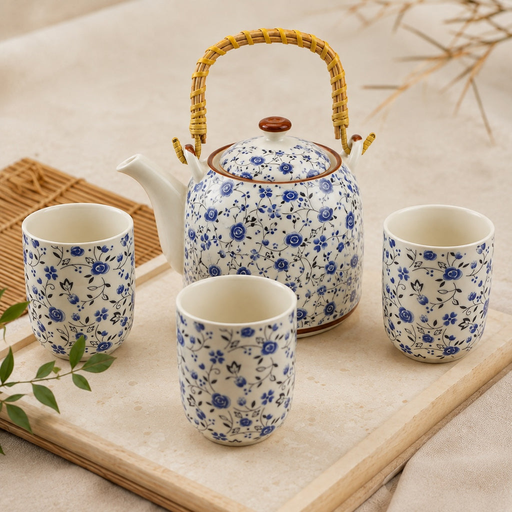 Kit Bule de Chá Porcelana Floral com Infusor e 4 Canecas 900ml