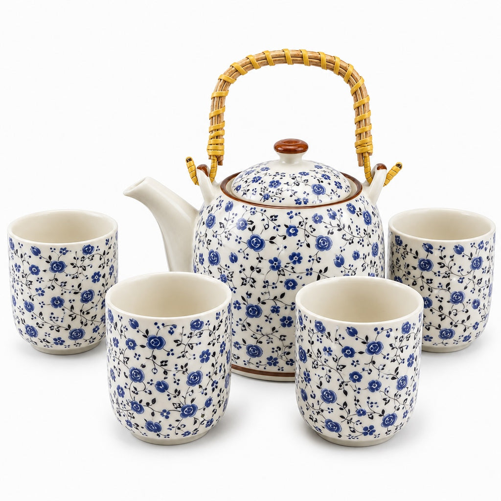 Kit Bule de Chá Porcelana Floral com Infusor e 4 Canecas 900ml
