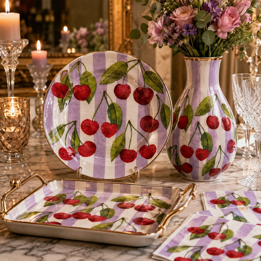 20 Guardanapos Papel Cerejas Listrado Decoupage Triplo 33x33