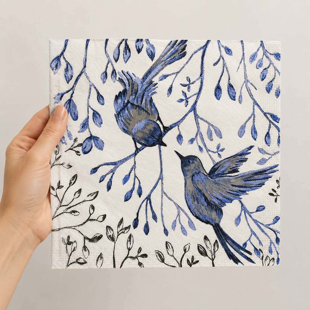 20 Guardanapos Papel Pássaros Azuis Decoupage Triplo 33x33
