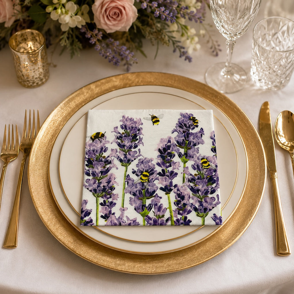 20 Guardanapos Papel Abelhas Lavanda Decoupage Triplo 33x33