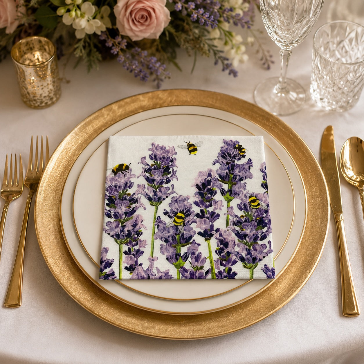 20 Guardanapos Papel Abelhas Lavanda Decoupage Triplo 33x33