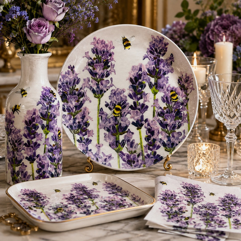 20 Guardanapos Papel Abelhas Lavanda Decoupage Triplo 33x33