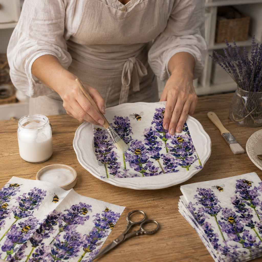 20 Guardanapos Papel Abelhas Lavanda Decoupage Triplo 33x33