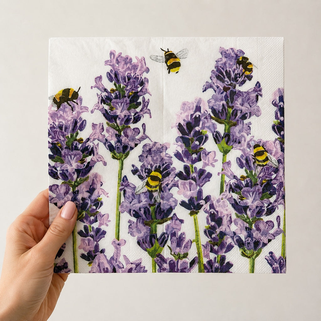20 Guardanapos Papel Abelhas Lavanda Decoupage Triplo 33x33