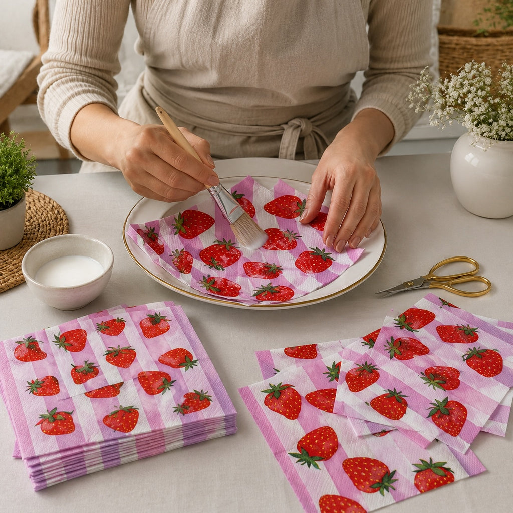20 Guardanapos Papel Decoupage Morango Listrado Triplo 33x33