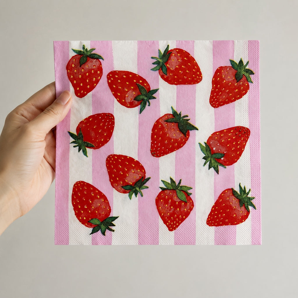 20 Guardanapos Papel Decoupage Morango Listrado Triplo 33x33