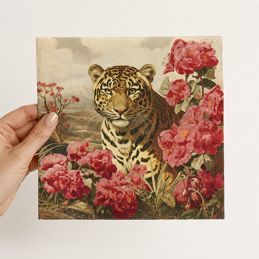 20 Guardanapos Papel Decoupage Onça Floral Triplo 33x33