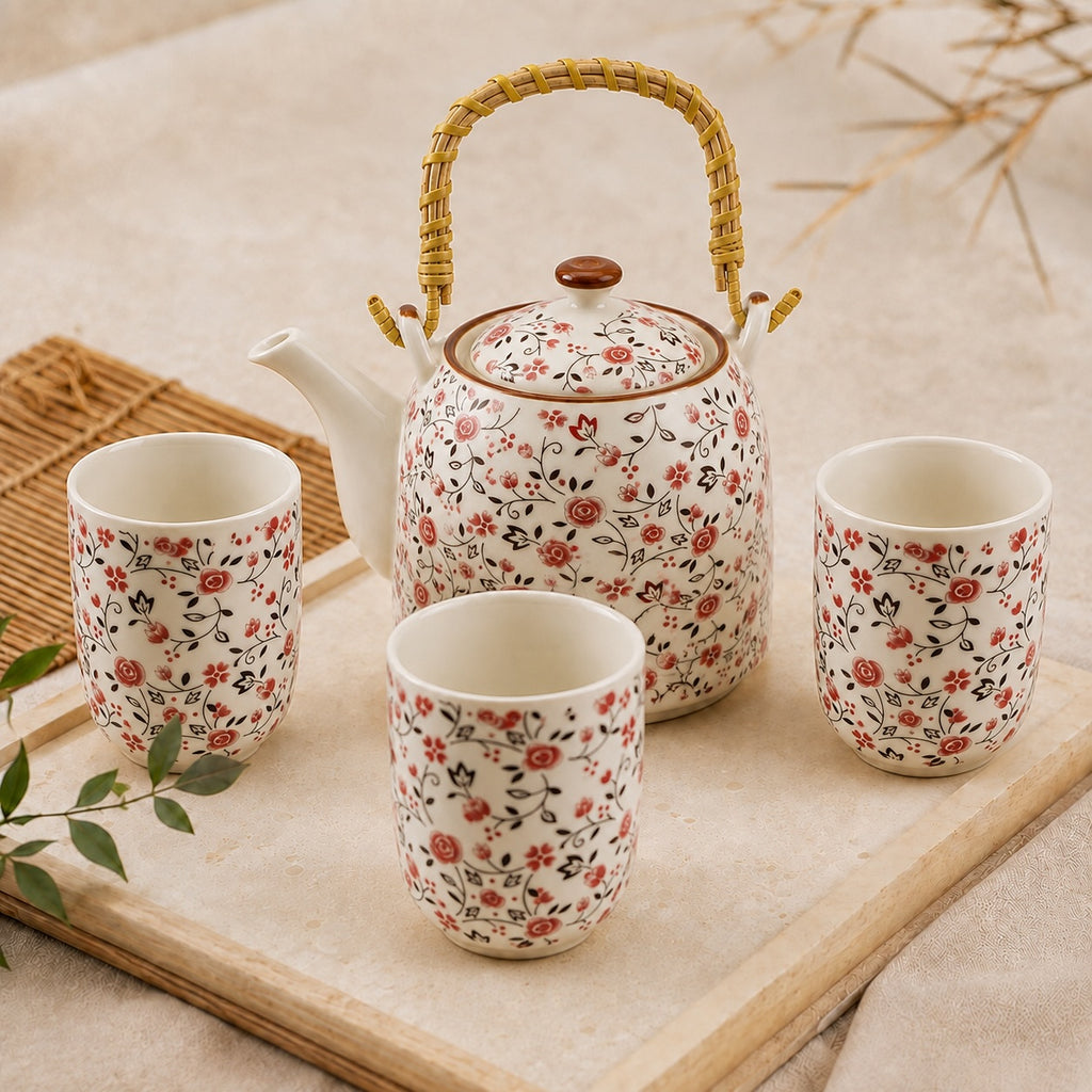 Kit Bule de Chá Porcelana Floral com Infusor e 4 Canecas 900ml